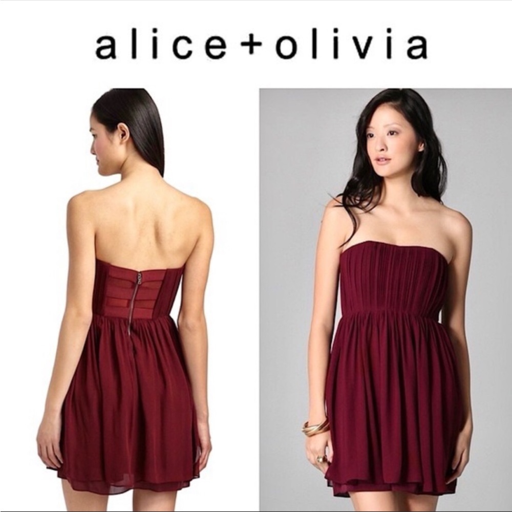 Alice & Olivia Strapless Silk Chiffon Ruched Dress Wine Burgundy New